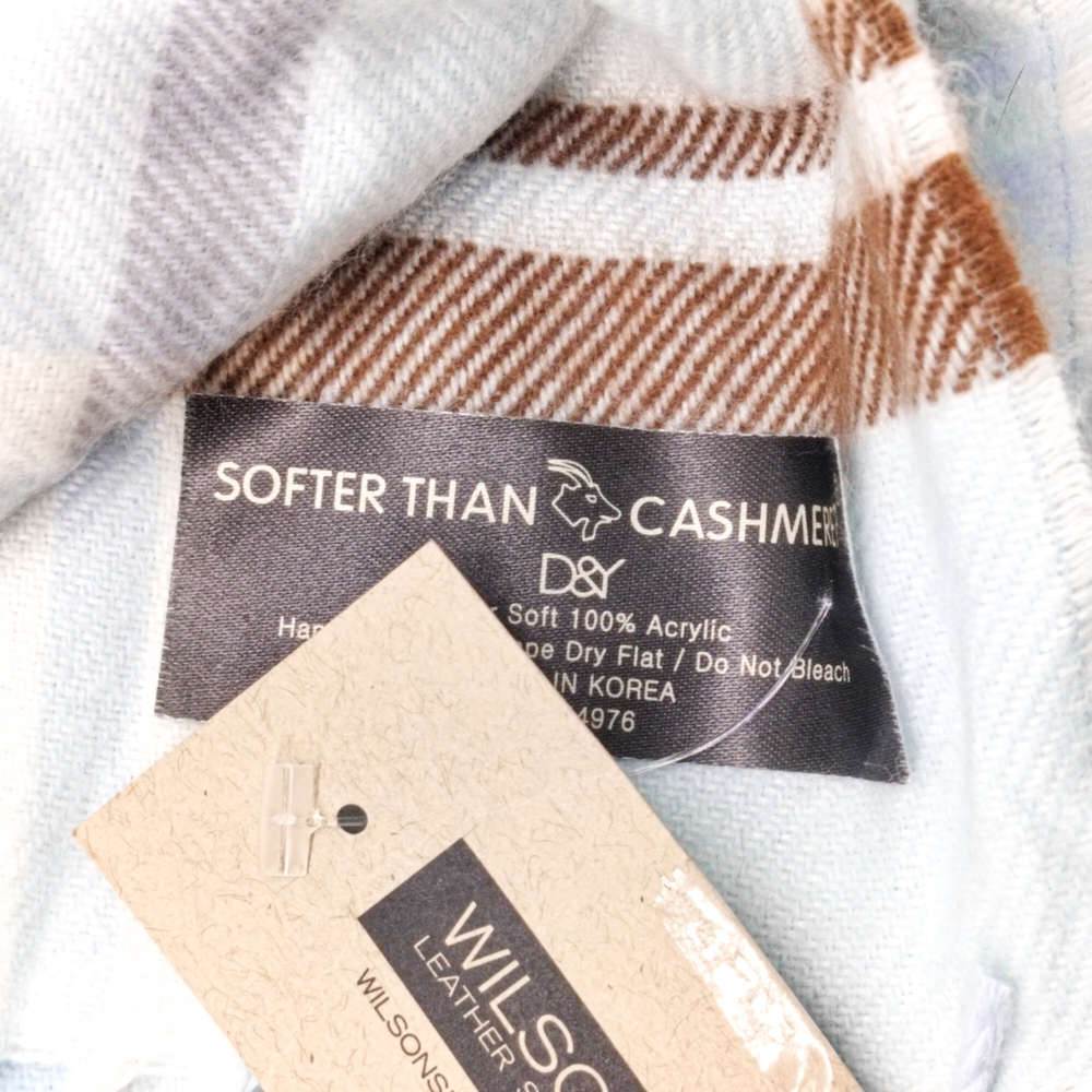 New Wilsons Leather Goods Pastel Blue Grey & Cream D&Y Camel Check Fringe Scarf - Picture 2 of 3
